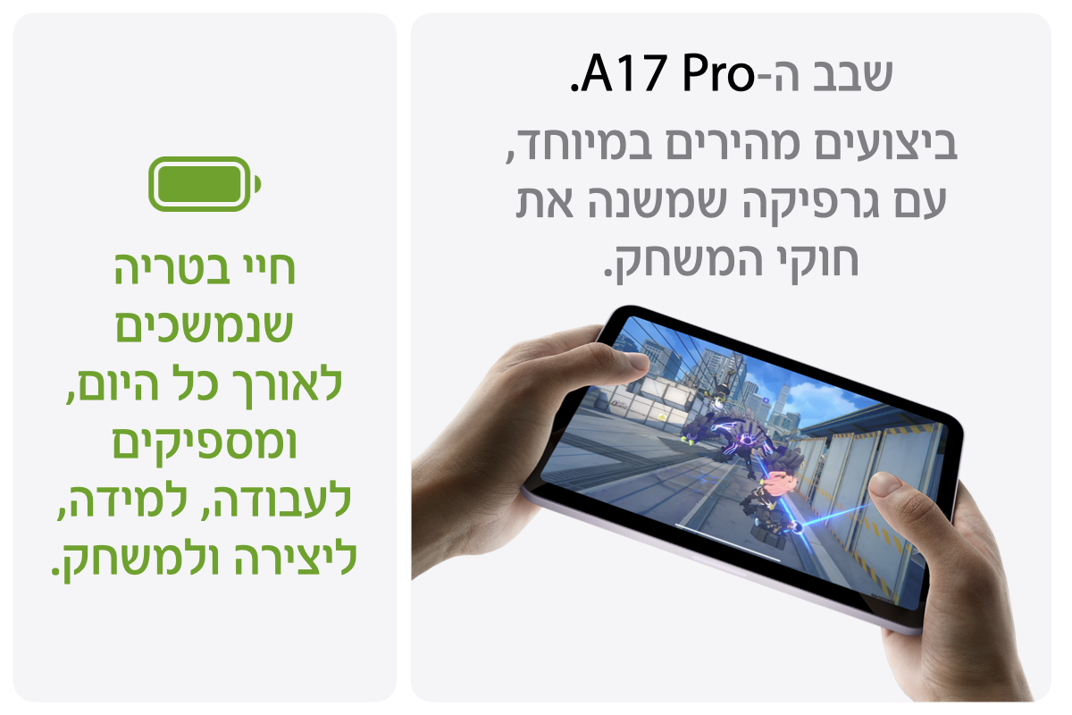 שבב ה-A17 Pro.  ביצועים מהירים במיוחד, עם גרפיקה שמשנה את חוקי המשחק. חיי בטריה שנמשכים לאורך כל היום, ומספקים לעבודה, למידה, יצירה ומשחק